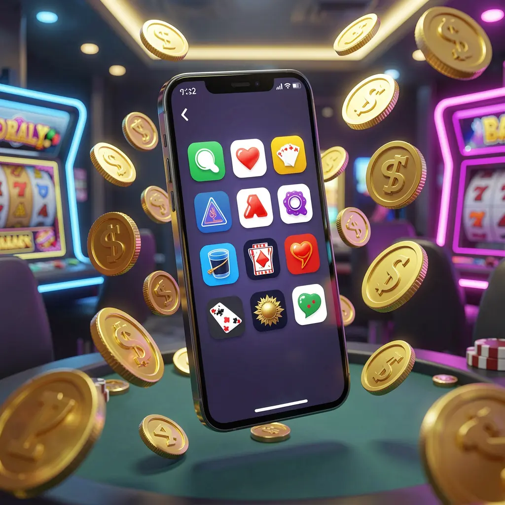 Realistic 3D render of a modern phone displaying the 550H Android casino app with app icons, surrounded by golden coins and slot symbols in a neon casino atmosphere