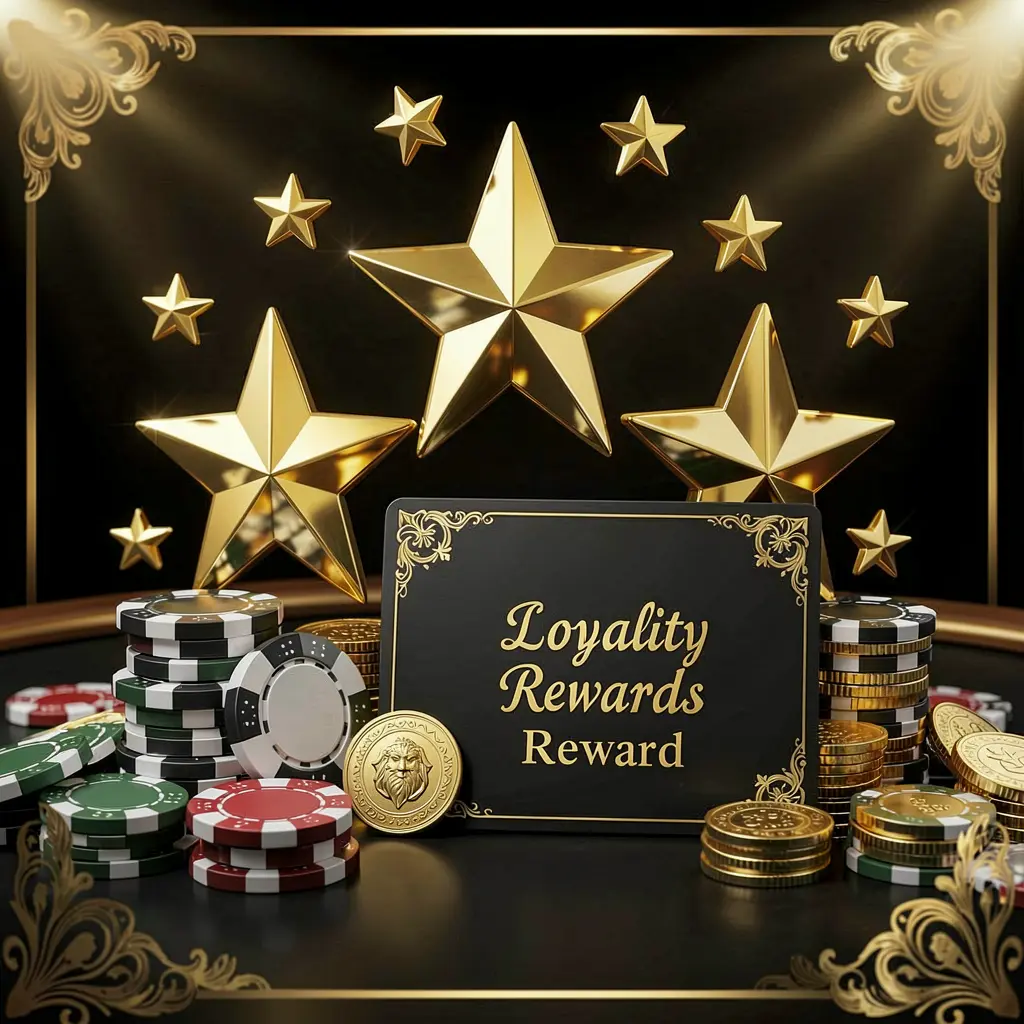 550H loyalty rewards casino image featuring golden stars, poker chips, coins, and a luxury reward card on an elegant black and gold background in a realistic 3D render