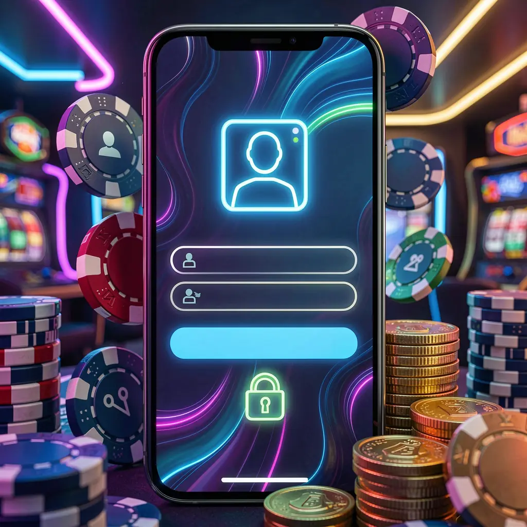 550H mobile gaming login page concept on smartphone with abstract login interface featuring user and lock icons, surrounded by casino chips and coins under luxury neon lighting