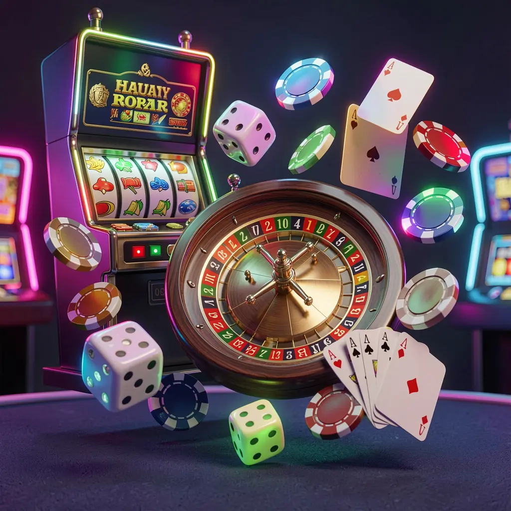 550H casino games collection homepage visual featuring a slot machine, roulette wheel, dice, playing cards, and poker chips floating together with colorful neon lights in a premium 3D render
